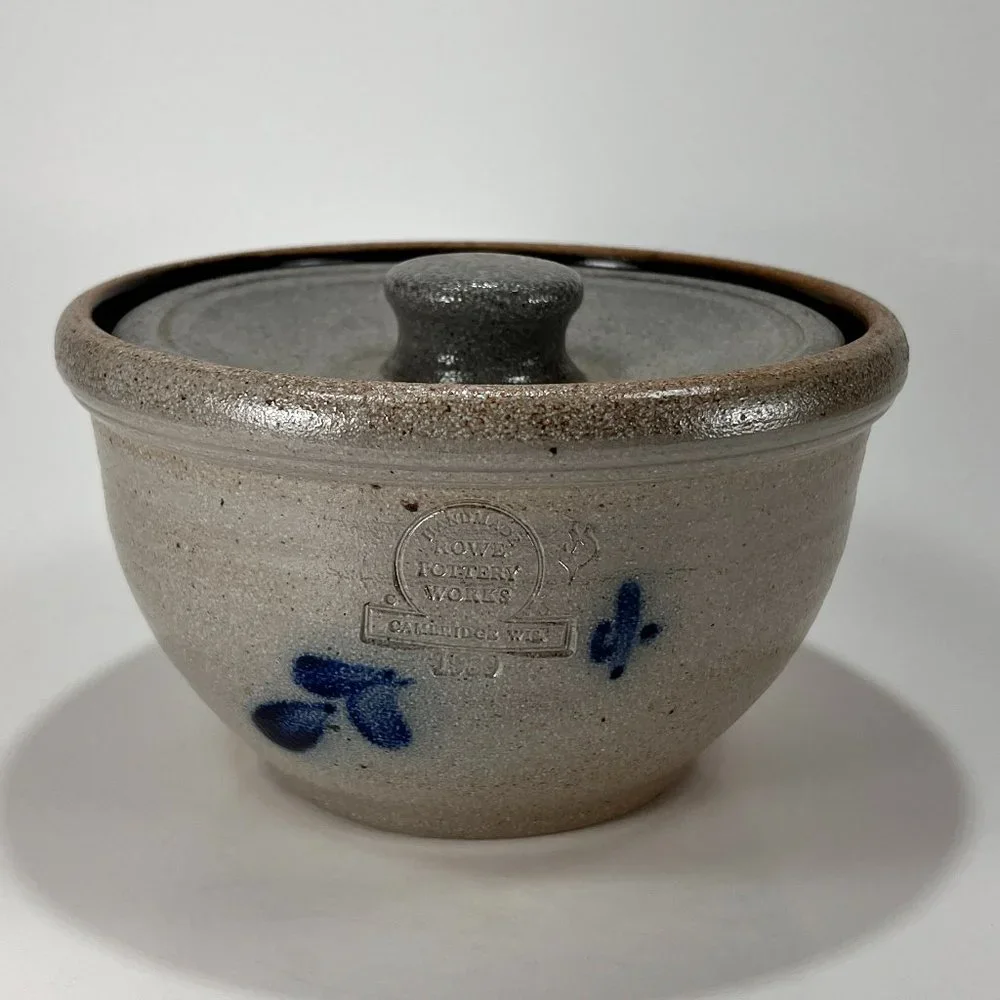 Vtg Rowe Pottery Works Butter Dish Crock Lid Stoneware Salt Glazed 80s